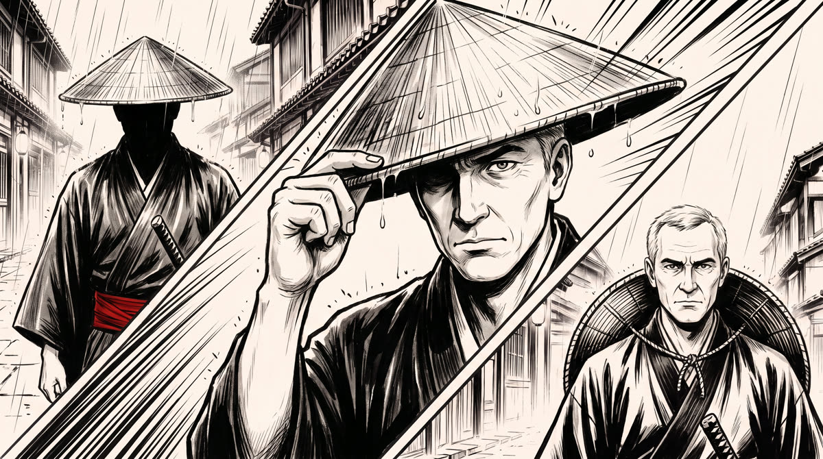 Three manga panels of the hat coming off