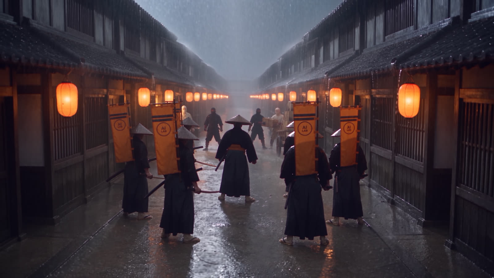 The samurai and his apps facing the ninjas in the rain
