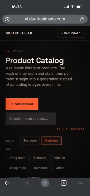 Product Catalog on iPhone — grid filtered by room and style