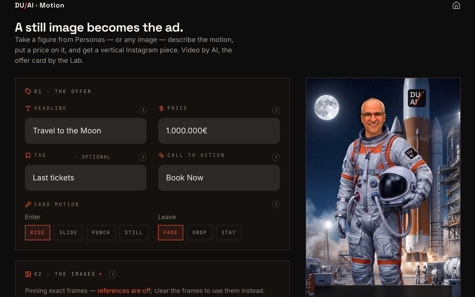 Motion — the offer fields on the left, the still and its price card on the right