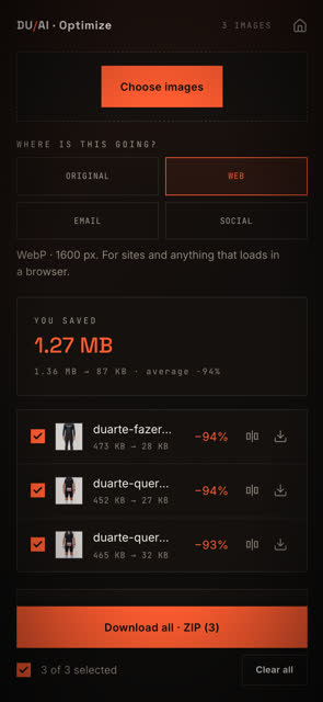 Optimize on iPhone — three images reduced by 94% for the web