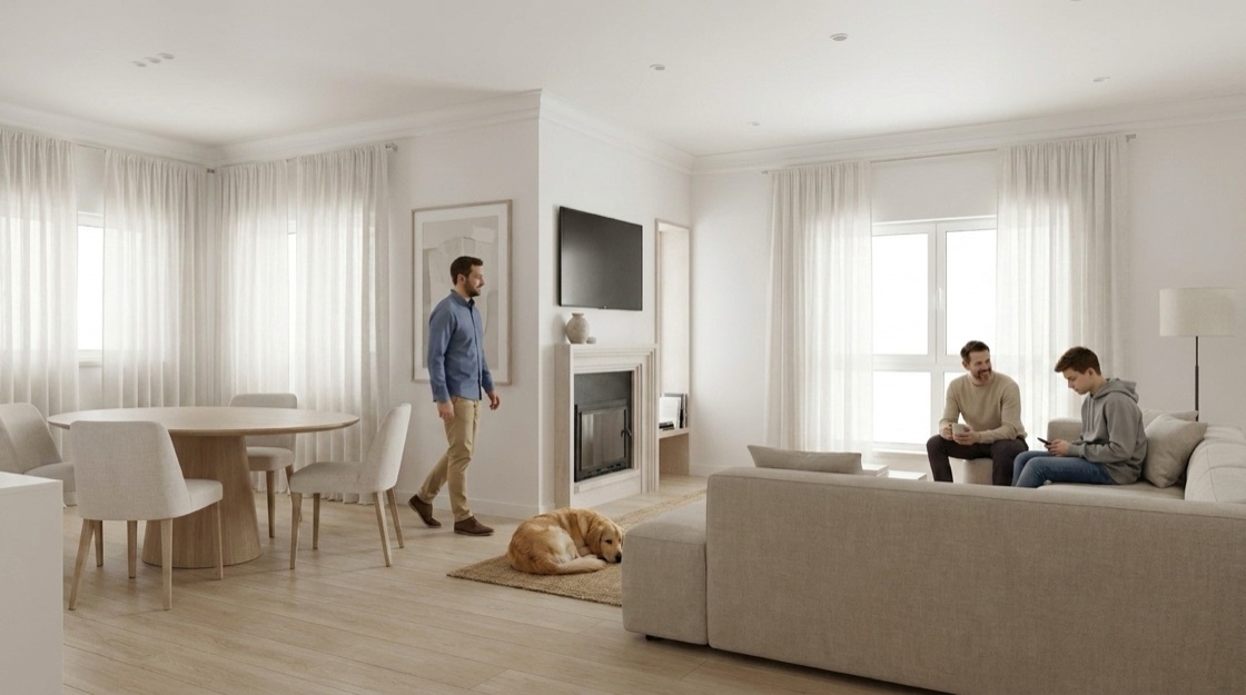 The same room populated with people and a dog by Humanize