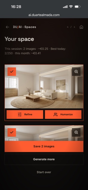Spaces on iPhone — generated results, with Refine and Humanize